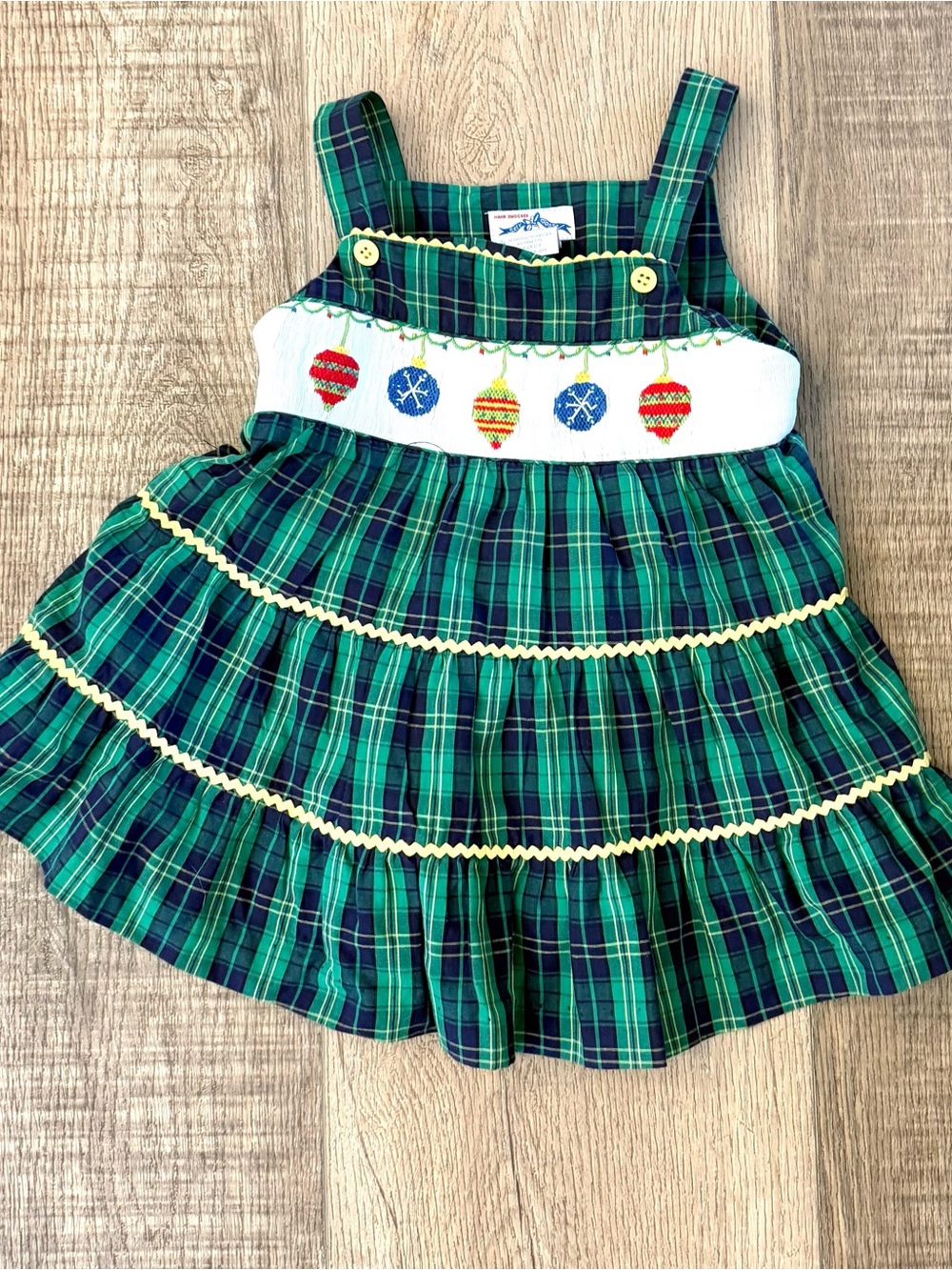 Silly Goose Hand Smocked Christmas Plaid Dress Girls 12M Ornaments Holiday